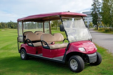 A bright red golf cart with beige seats is parked on lush green grass, adjacent to a clear path and surrounded by trees and a building in the background
