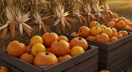 Pumpkins in wooden crates fall harvest display