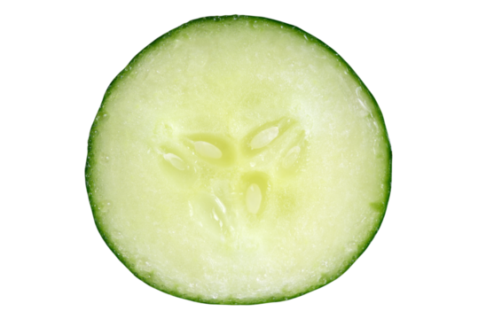 Circle of cucumber slice with water drops - real fresh photo on transparent background.