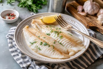 A plate of grilled fish fillets garnished with herbs and a lemon wedge. A fork rests beside, with seasoning and fresh parsley visible in the background