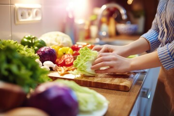 Hands gently prepare fresh vegetables on a wooden board, surrounded by colorful produce