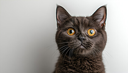 A curious charcoal grey kitten with striking amber eyes gazes attentively.