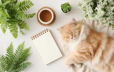Fluffy cat resting on floor beside notebook and coffee