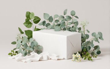 White gift box decorated with eucalyptus leaves