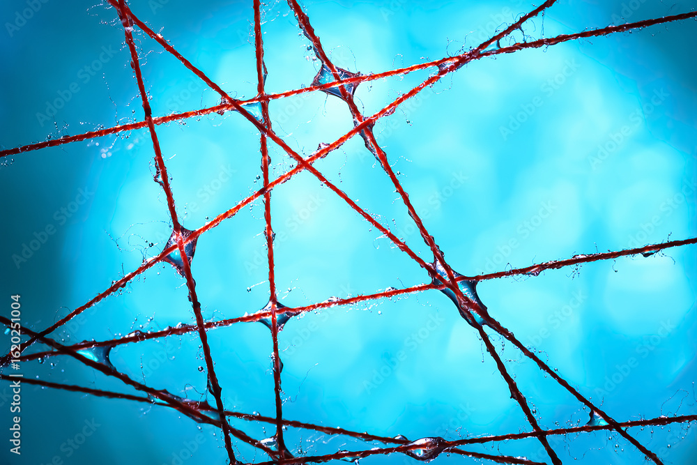 Poster wet threads. colourful abstraction of wet threads with water drops. selective focus