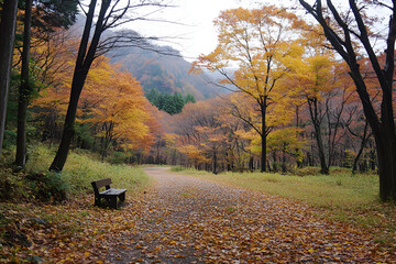 A scenic autumn path winds through a forest with vibrant, colorful foliage.