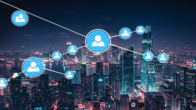 Nighttime cityscape showcasing a digital networking concept with user icons connected - Powered by Adobe