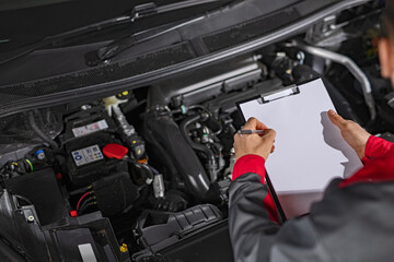 A mechanic inspecting a car engine with a clipboard, documenting observations for service or repair.