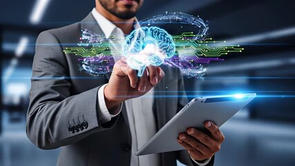 Businessman using tablet to interact with a glowing AI brain interface in a futuristic setting. Concept of artificial intelligence, digital innovation and smart technology solutions
 - Powered by Adobe