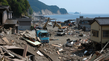 Coastal Ruins and Rescue Operations After Tsunami and Earthquake