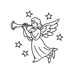 Artistic outline of a joyful angel blowing a trumpet surrounded by stars isolated on white background isolated on transparent background © Pixel Forge Studio