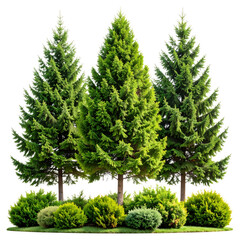 Evergreen forest trees with shrubs Isolated on white and transparent background