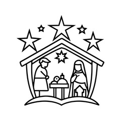 Simple line art nativity scene with mary joseph and baby jesus isolated on white background isolated on transparent background