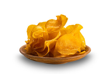 Sweet crispy potato chips in wooden dish isolated on white background with clipping path