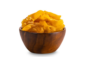 Sweet crispy potato chips in wooden bowl isolated on white background with clipping path.