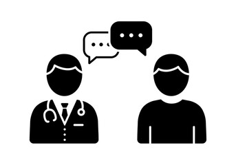 A doctor and patient talking with speech bubbles in black and white minimalist vector illustration