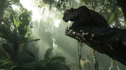 Majestic Leopard Perched on Tree Branch in Lush Forest