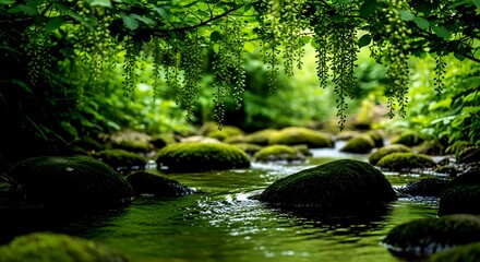 Fototapeta premium Lush green forest stream with hanging branches and moss covered rocks water nature