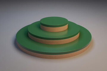 Three tiered green and wood display pedestal for product presentation or award showcase, minimalist 3d rendering