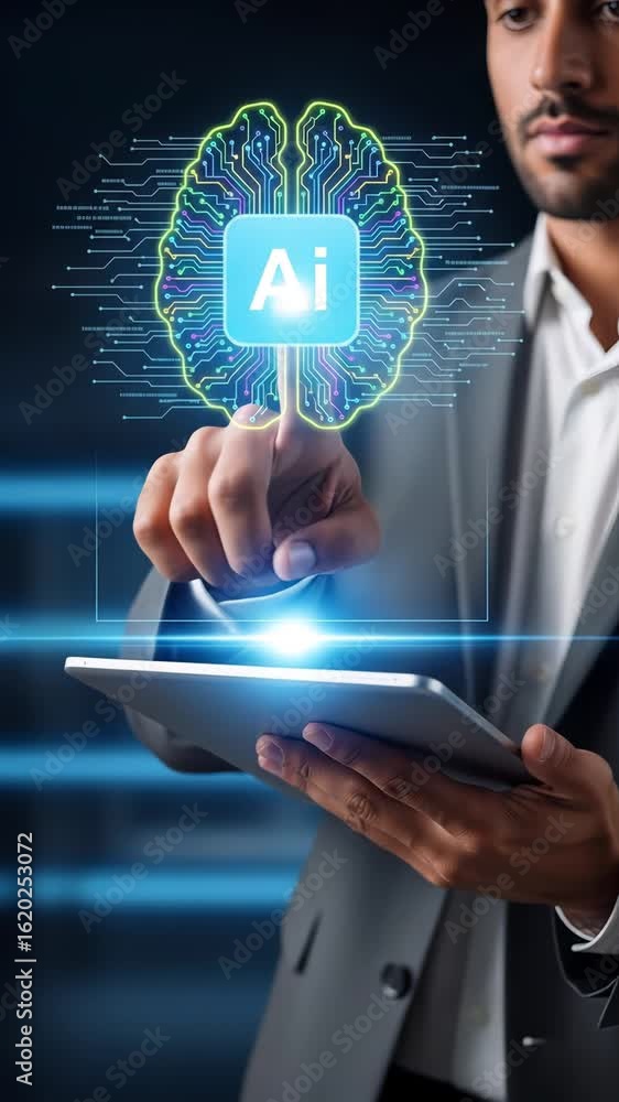 Aufkleber businessman interacting with digital ai brain interface using a tablet in a futuristic setting. conc
