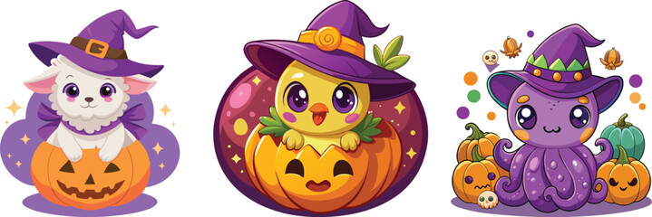 Fototapeta premium Adorable Halloween Animals Cartoon Illustration with Festive Pumpkins and Witch Hats for Holiday Celebrations and Fun Designs