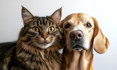 A close-up portrait of a brown tabby cat and a light brown dog, posing together against a plain white background.