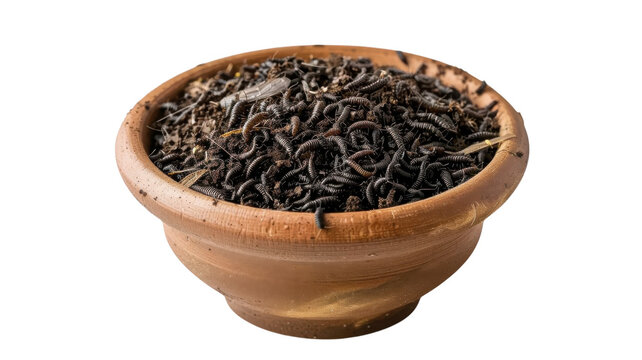 Worms in a terracotta pot on transparent background