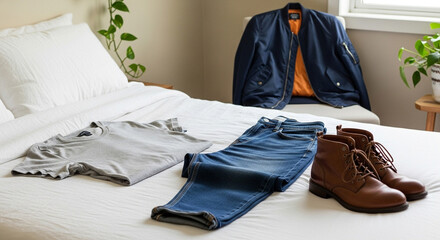 Clothing items arranged on a white bed with a jacket, jeans, shirt, and boots in a well lit room