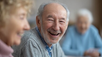 Golden Years of Laughter: An elderly gentleman, his face etched with the wisdom of years, bursts into genuine laughter, his eyes crinkling with mirth as he shares a joyful moment with companions.