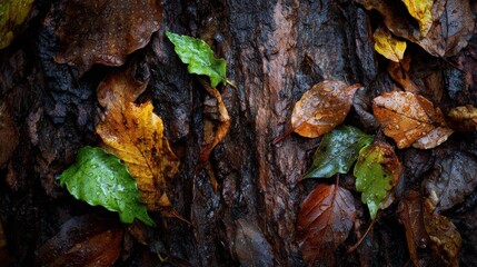 Colorful Autumn Leaves on Wet Tree Bark with Raindrops and Texture