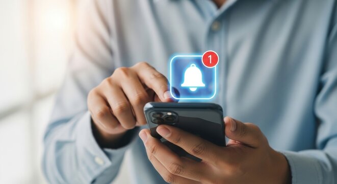 Person using smartphone receiving a notification alert with a bell icon