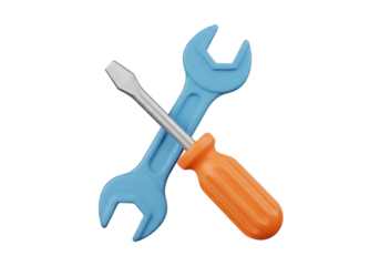 Blue wrench and orange screwdriver crossed isolated on transparent background