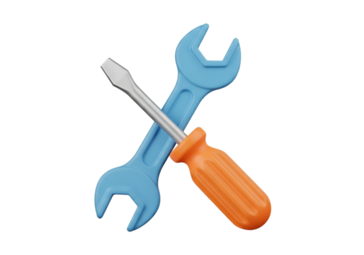 Blue wrench and orange screwdriver crossed isolated on transparent background - Powered by Adobe