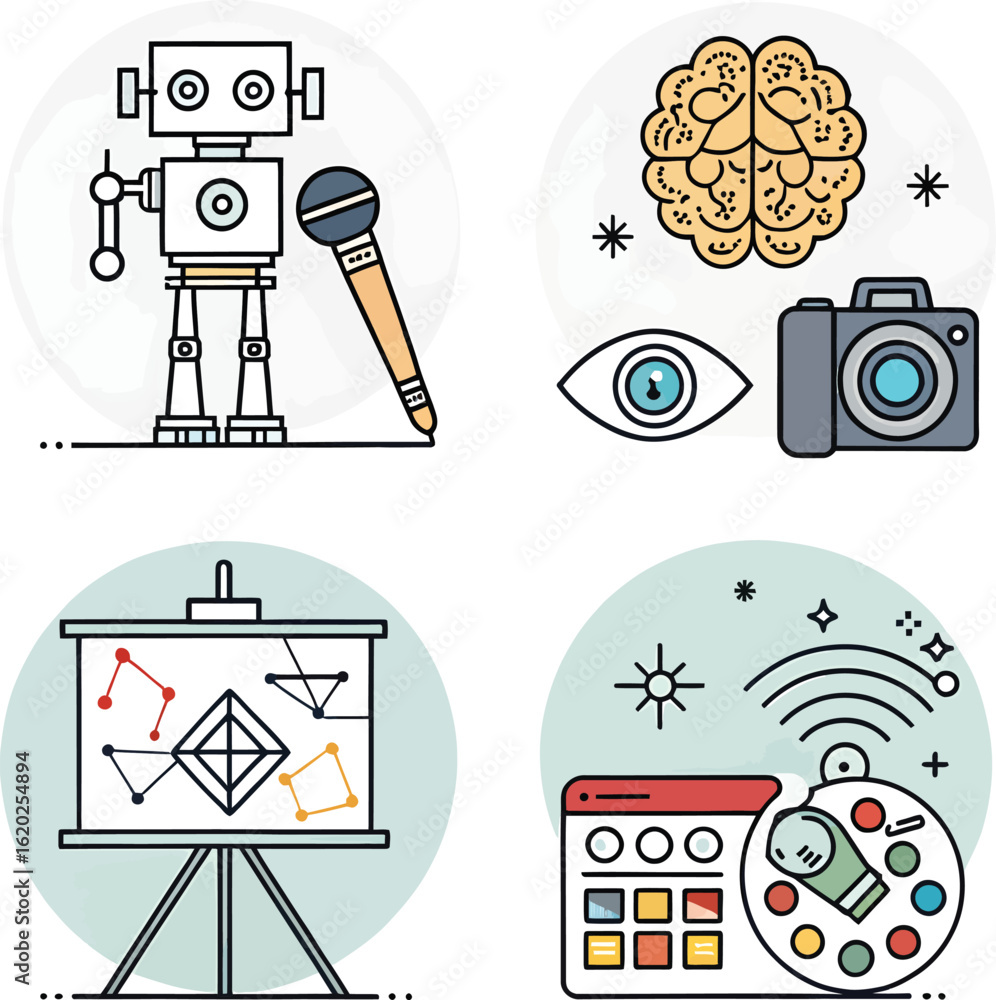 Poster four icons depicting robot brain camera presentation and digital tools
