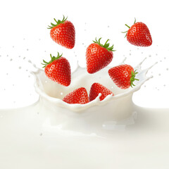 Fresh Strawberries Splashing into Milk on White Background