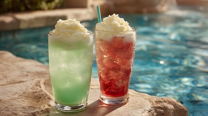 Two refreshing drinks by a pool.