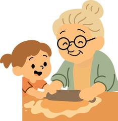 Grandmother and Grandchild BakingюA little girl helps her grandma roll cookie dough in a cozy cartoon kitchen.