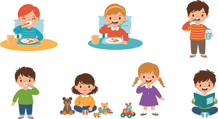 Vector art of set of children engaged in daily activities like brushing teeth, eating, and reading, isolated on transparent background