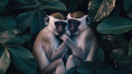 Monkeys Grooming in Dense Foliage