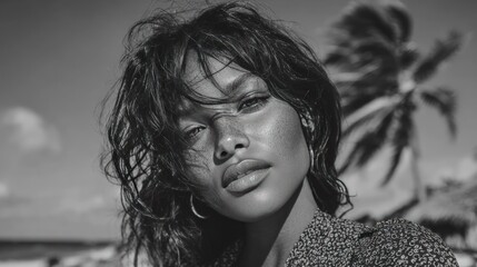 Portrait of a woman, black and white, with palm tree, beach background