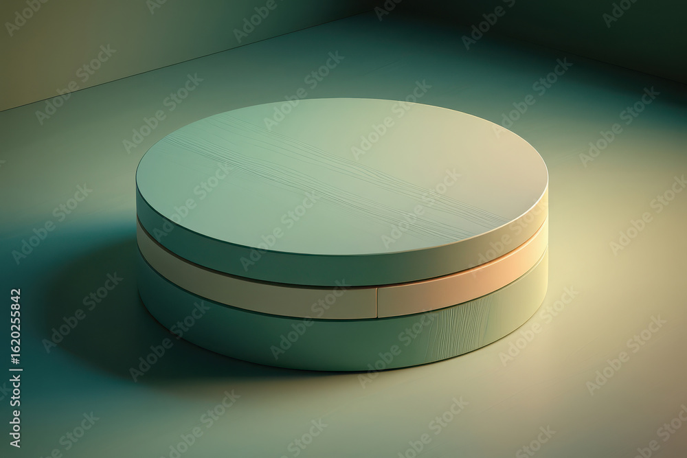 Poster a minimalist round pedestal display platform in a studio setting, perfect for product showcases and 