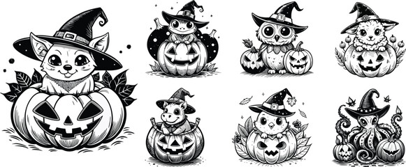 Fototapeta premium Adorable Halloween Animals in Pumpkins Black and White Line Art Collection Spooky Cute Festive Illustrations