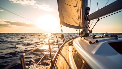 Sailboat Bow at Golden Sunset Over Calm Ocean