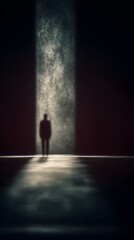A solitary figure stands in a dimly lit space, symbolizing introspection and contemplation in a world of uncertainty.