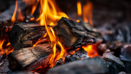 natural fire in fireplace or outdoors, bright wood flame and heat, atmospheric and cozy