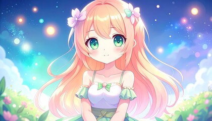 Colorful anime girl with flowers, bright night sky background.