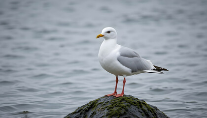 Fototapeta premium seagull standing gracefully on a rock surrounded by calm ocean waters 
