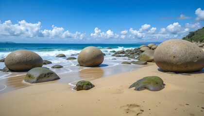  spherical boulders scattered along a serene sandy beach shore 