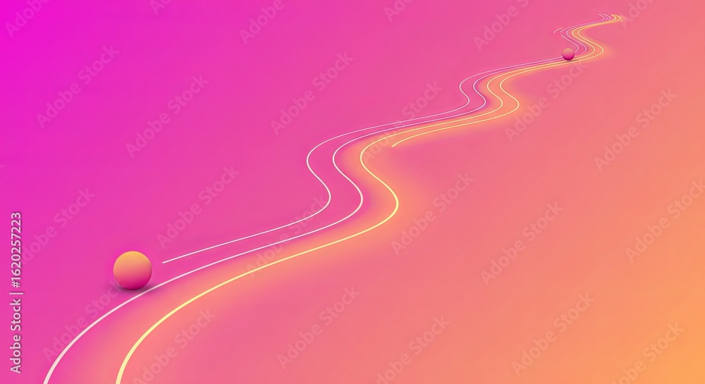 Aufkleber pink and orange gradient background with abstract curved lines and spheres