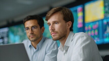 Focused Collaboration: Two professionals in a dimly lit environment are deeply engaged in analyzing data on a laptop, their expressions reflecting concentration.
